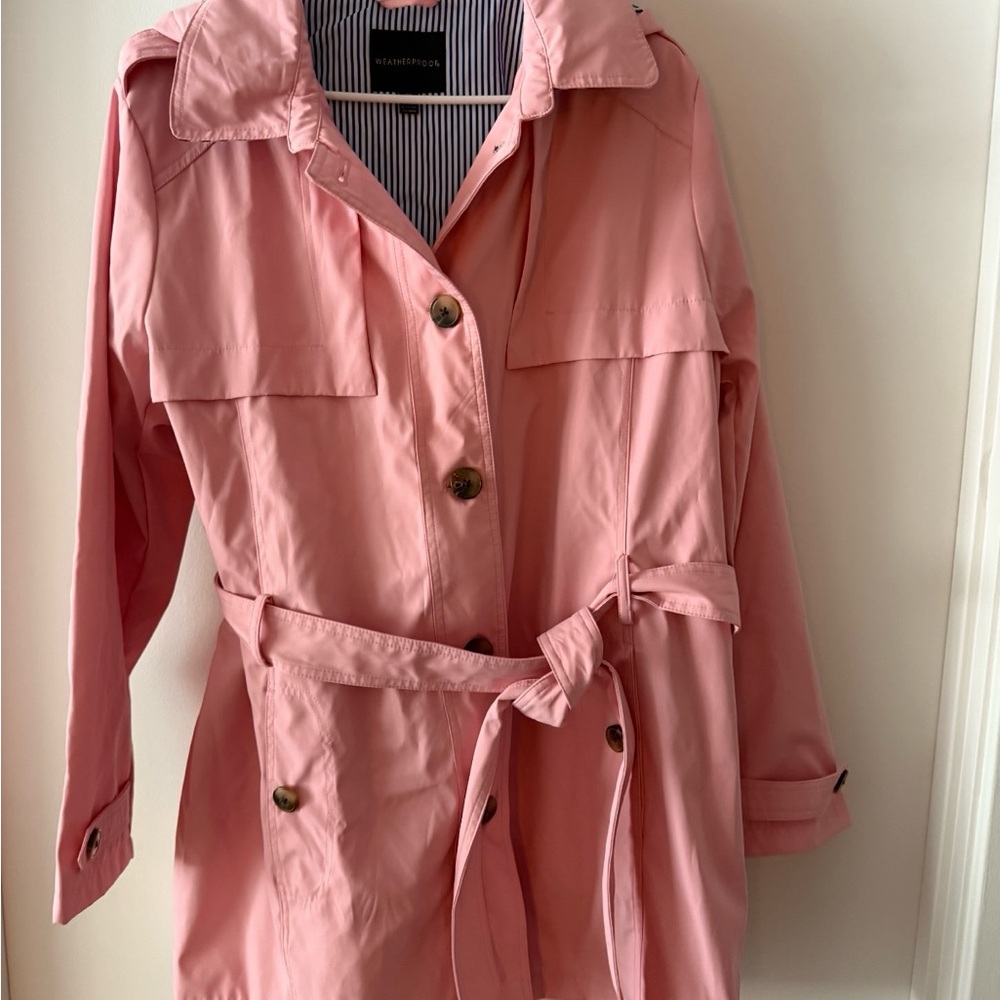 Weatherproof Pink Trench Coat with Belted Waist and Hood